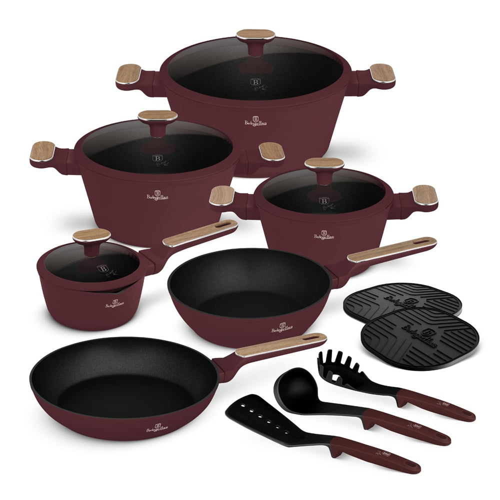 Berlinger Haus Pannenset Nordic Mat Bordeaux 11-Delig - Kookpan ø 20, 24, 28 cm, Koekenpan ø 24, 28 cm & Steelpan ø 16 cm - Geschikt voor alle warmtebronnen