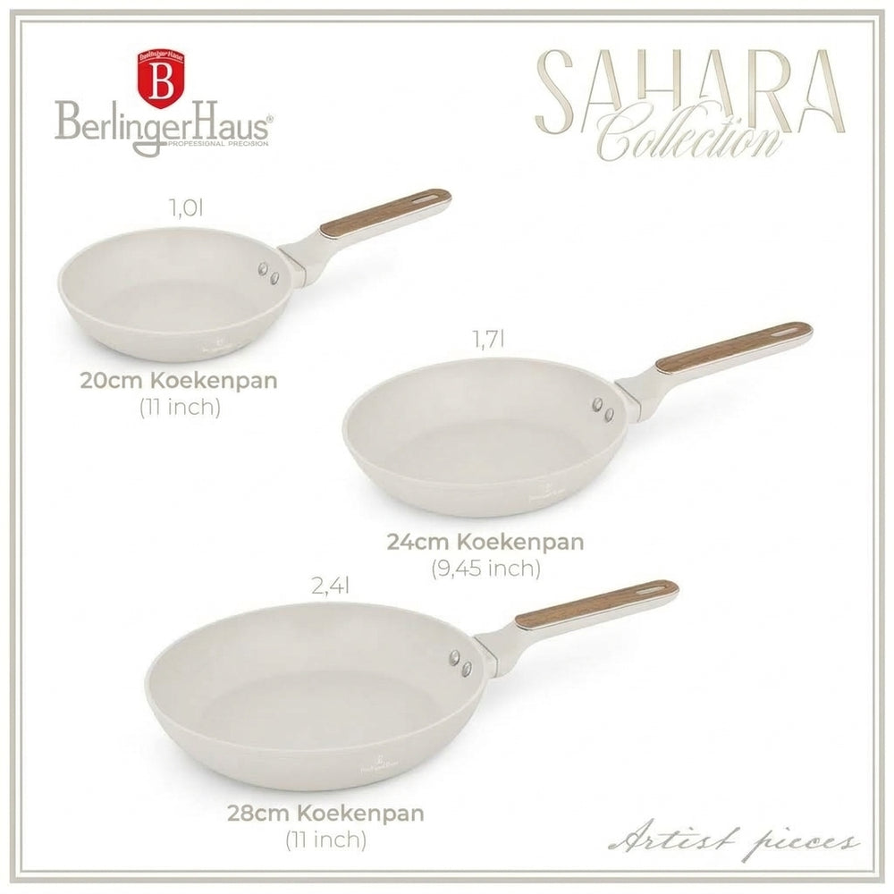 Berlinger Haus Koekenpannenset Nordic Mat Crème 3-Delig - ø 20, 24 & 28 cm - geschikt voor alle warmtebronnen - standaard anti-aanbaklaag