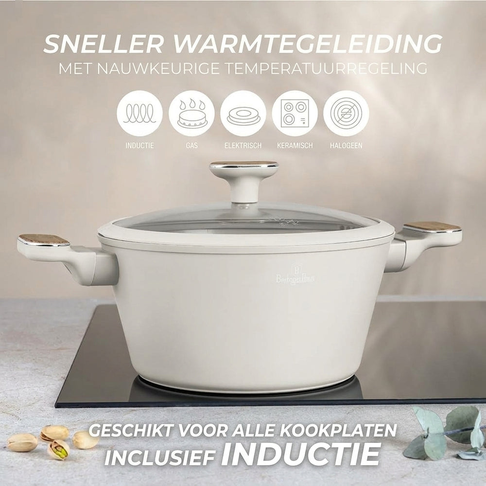 Berlinger Haus Pannenset Nordic Mat Crème 7-Delig - Kookpan ø 20, 24, 28 cm & Koekenpan ø 20, 24 cm - geschikt voor alle warmtebronnen