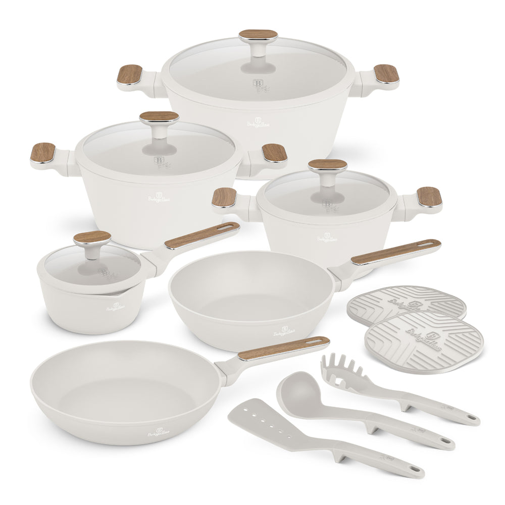 Berlinger Haus Pannenset Nordic Mat Crème 11-Delig - Kookpan ø 20, 24, 28 cm, Koekenpan ø 24, 28 cm & Steelpan ø 16 cm - geschikt voor alle warmtebronnen