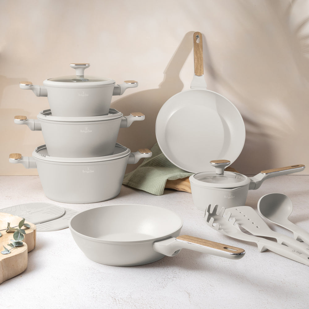 Berlinger Haus Pannenset Nordic Mat Crème 11-Delig - Kookpan ø 20, 24, 28 cm, Koekenpan ø 24, 28 cm & Steelpan ø 16 cm - geschikt voor alle warmtebronnen