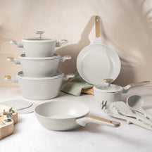 Berlinger Haus Pannenset Nordic Mat Crème 11-Delig - Kookpan ø 20, 24, 28 cm, Koekenpan ø 24, 28 cm & Steelpan ø 16 cm - geschikt voor alle warmtebronnen