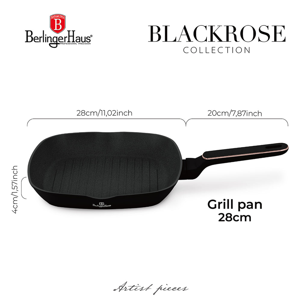 Berlinger Haus Grillpan Zwart Rosègoud 28 x 28 cm - geschikt voor alle warmtebronnen - standaard anti-aanbaklaag