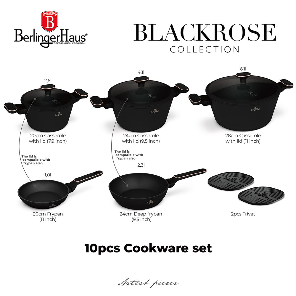 Berlinger Haus Pannenset  Zwart Roségoud 7-Delig - Kookpan ø 20, 24, 28 cm & Koekenpan ø 20, 24 cm - geschikt voor alle warmtebronnen