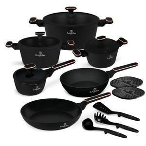 Berlinger Haus Pannenset Zwart Roségoud 11-Delig - Kookpan ø 20, 24, 28 cm, Koekenpan ø 24, 28 cm & Steelpan ø 16 cm - geschikt voor alle warmtebronnen