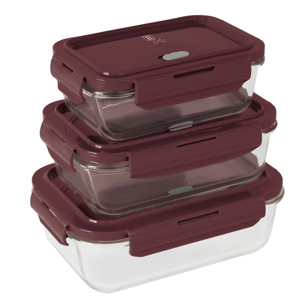 BerlingerHaus Glazen Vershoudbakjes Mat Bordeaux - 3-delig - 570 ml, 840 ml & 1.18 Liter