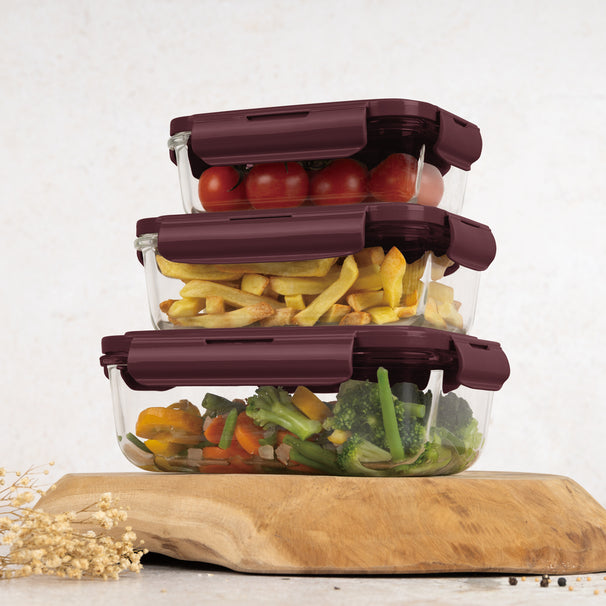 Berlinger Haus Glazen Vershoudbakjes Mat Bordeaux - 3-delig - 570 ml, 840 ml & 1.18 Liter
