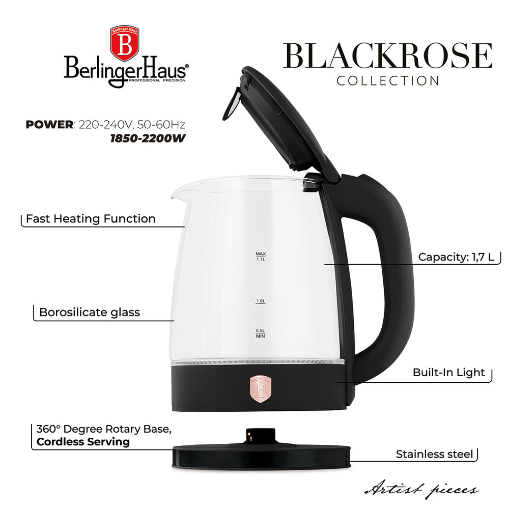 Berlinger Haus Waterkoker Glas Zwart Rosègoud - 1.7 Liter - 2200W