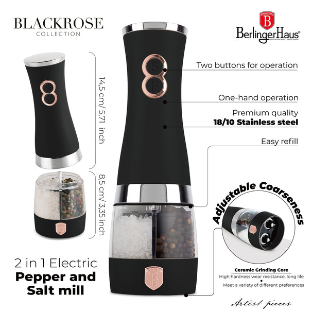 Berlinger Haus Elektrische Peper- en Zoutmolen Zwart Roségoud - 2-in-1 - Keramische Molen
