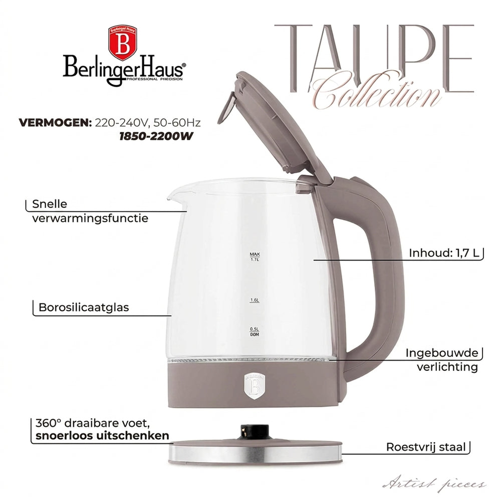 Berlinger Haus Waterkoker Glas Taupe - 1.7 Liter - 2200W