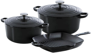 BK Pannenset Bourgogne Jet Black Gietijzer 3-delig - Braadpan ø 24, 28 cm & Grillpan 26x26 cm - geschikt voor alle warmtebronnen