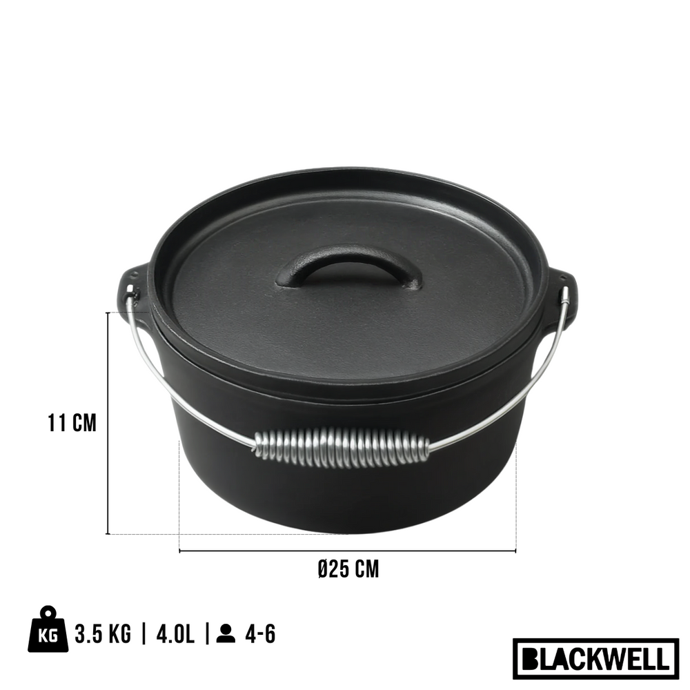 Blackwell Dutch oven / Braadpan met deksel - Gietijzer - ø 25 cm / 4 Liter - zonder anti-aanbaklaag