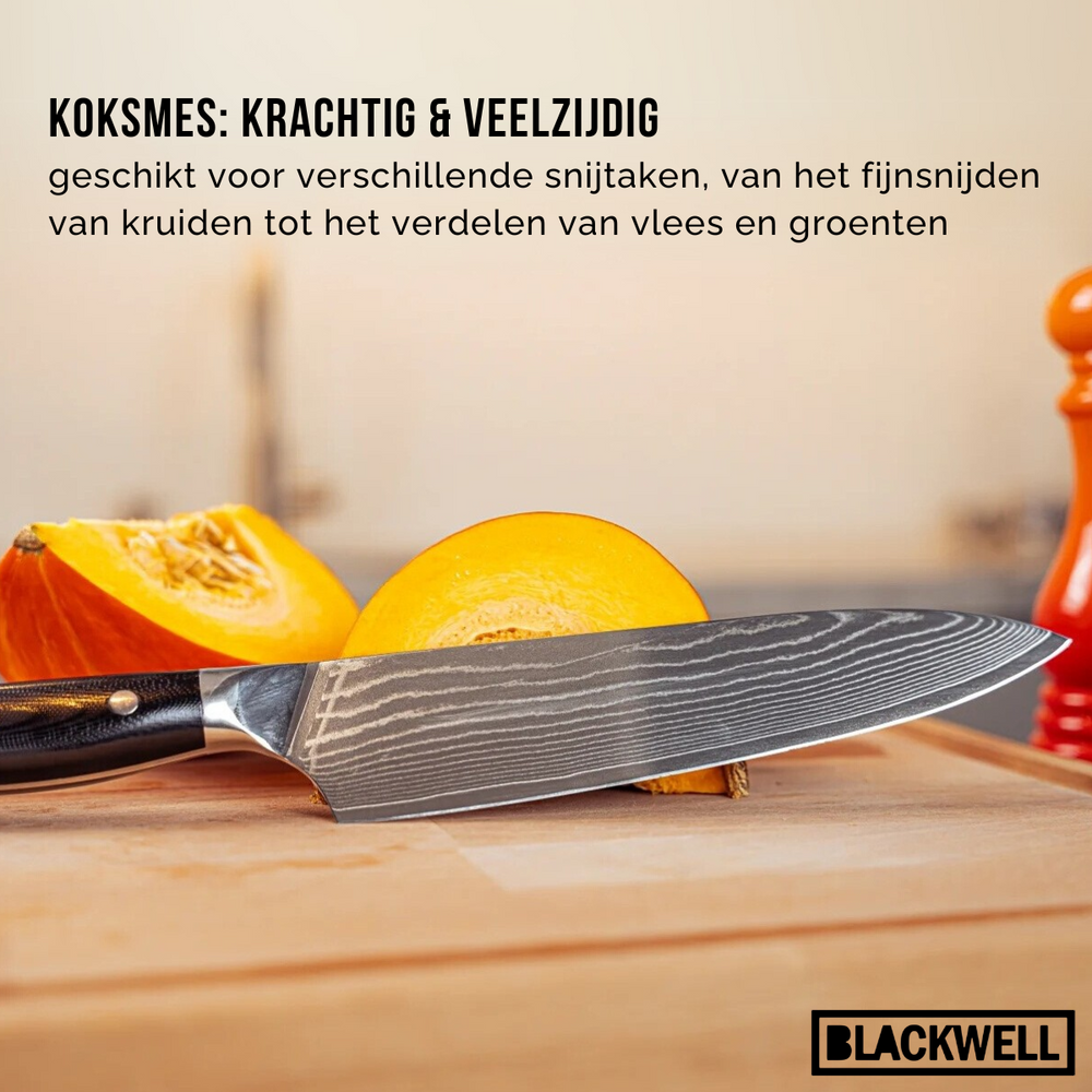 Blackwell Messenset (Koksmes + Santokumes + Nakirimes + Officemes) - Japanse stijl - 67 lagen damaststaal - VG10 - 4-delig