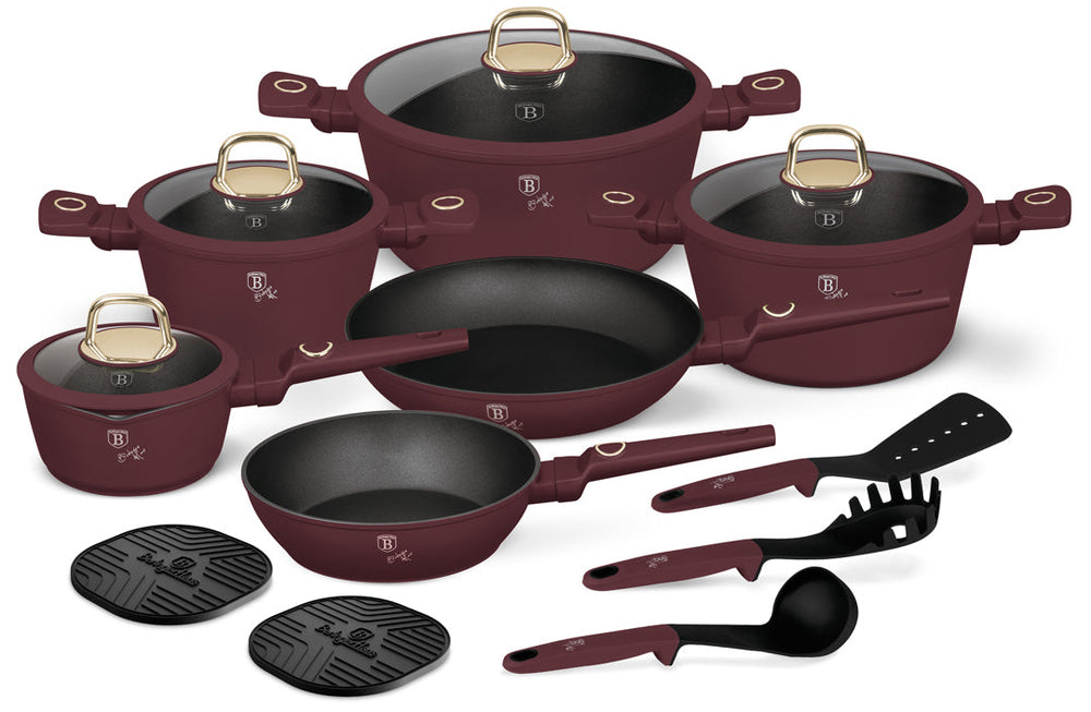 Berlinger Haus Pannenset Mat Bordeaux 11-Delig - Kookpan ø 20, 24, 28 cm, Koekenpan ø 24, 28 cm & Steelpan ø 16 cm - geschikt voor alle warmtebronnen