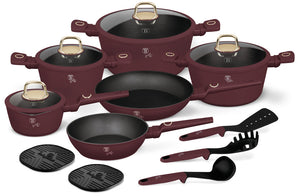 Berlinger Haus Pannenset Mat Bordeaux 11-Delig - Kookpan ø 20, 24, 28 cm, Koekenpan ø 24, 28 cm & Steelpan ø 16 cm - geschikt voor alle warmtebronnen