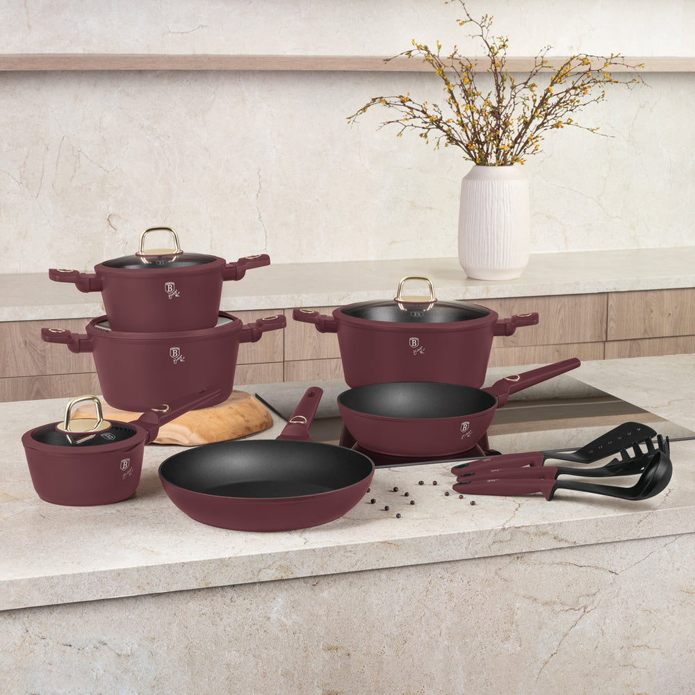 Berlinger Haus Pannenset Mat Bordeaux 11-Delig - Kookpan ø 20, 24, 28 cm, Koekenpan ø 24, 28 cm & Steelpan ø 16 cm - geschikt voor alle warmtebronnen