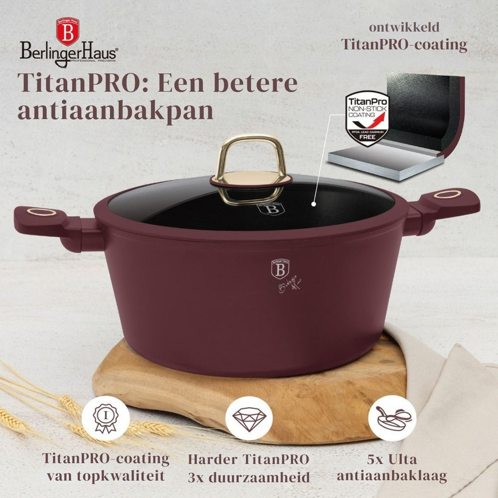 Berlinger Haus Pannenset Mat Bordeaux 11-Delig - Kookpan ø 20, 24, 28 cm, Koekenpan ø 24, 28 cm & Steelpan ø 16 cm - geschikt voor alle warmtebronnen