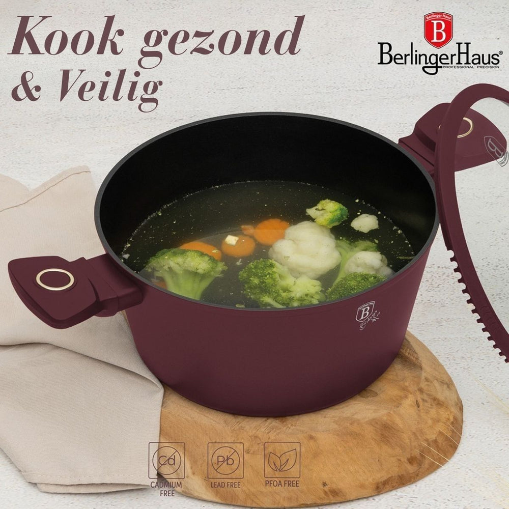 Berlinger Haus Pannenset Mat Bordeaux 11-Delig - Kookpan ø 20, 24, 28 cm, Koekenpan ø 24, 28 cm & Steelpan ø 16 cm - geschikt voor alle warmtebronnen