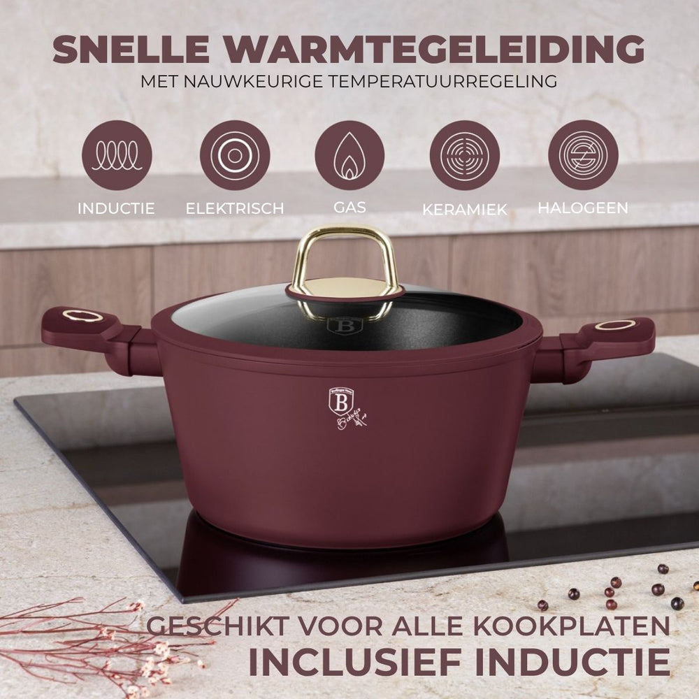 Berlinger Haus Pannenset Mat Bordeaux 11-Delig - Kookpan ø 20, 24, 28 cm, Koekenpan ø 24, 28 cm & Steelpan ø 16 cm - geschikt voor alle warmtebronnen