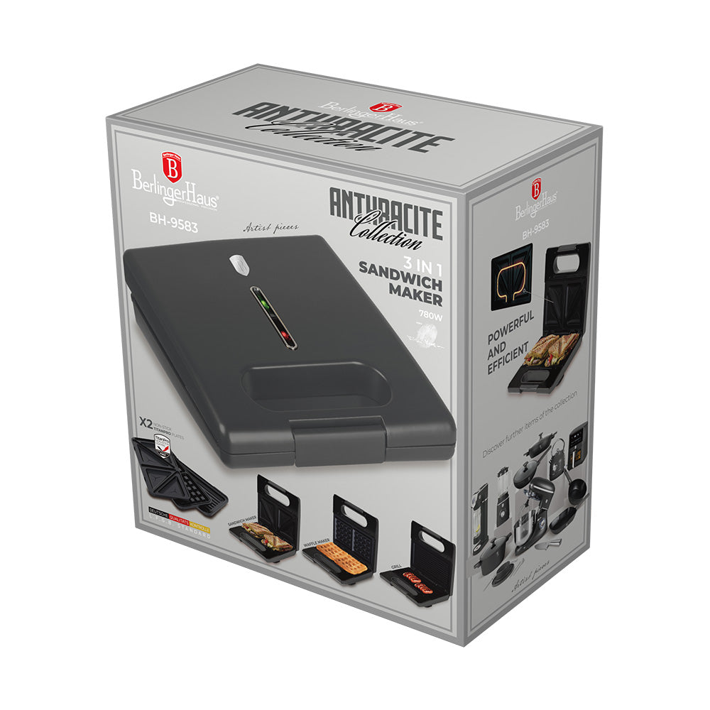 BerlingerHaus Tosti-ijzer 3-in-1 Mat Antraciet - Uitneembare Platen - Wafel & Grill - 780W