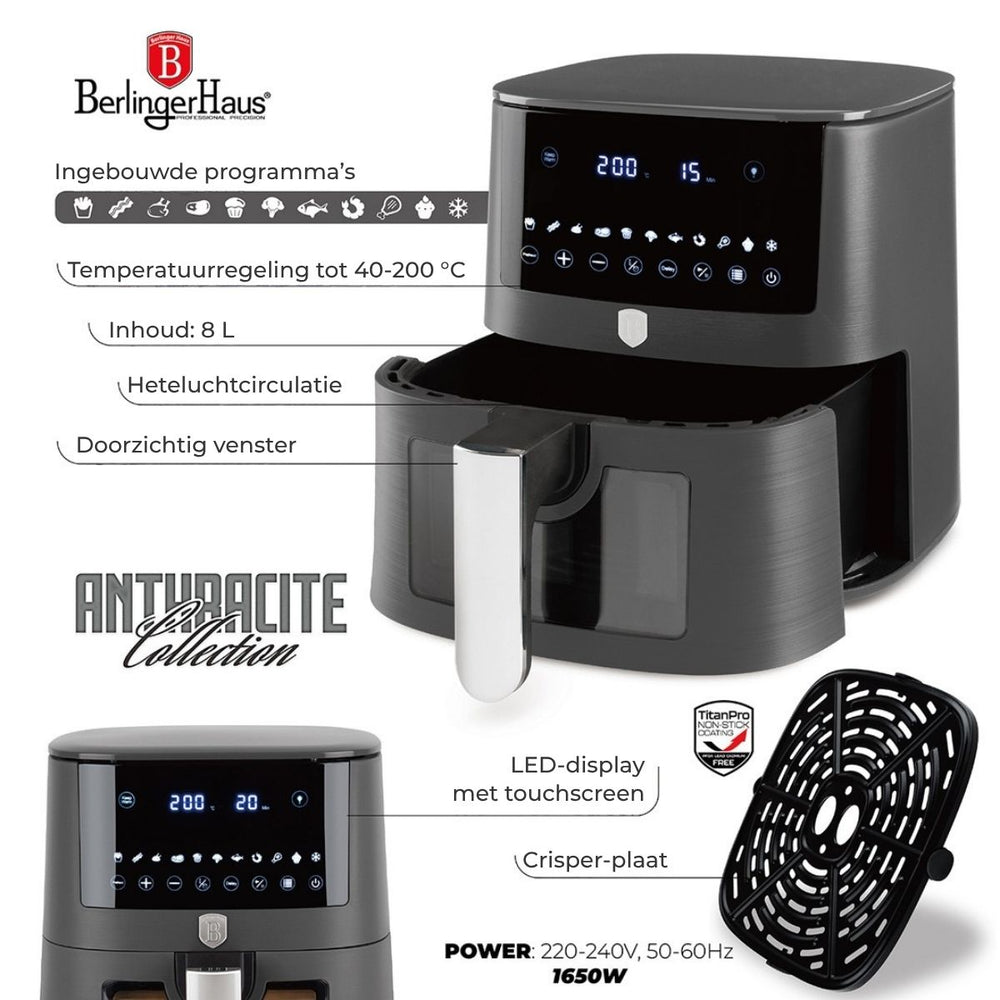 BerlingerHaus Airfryer XXXL Mat Antraciet - met Kijkvenster - 8 Liter - 1650W