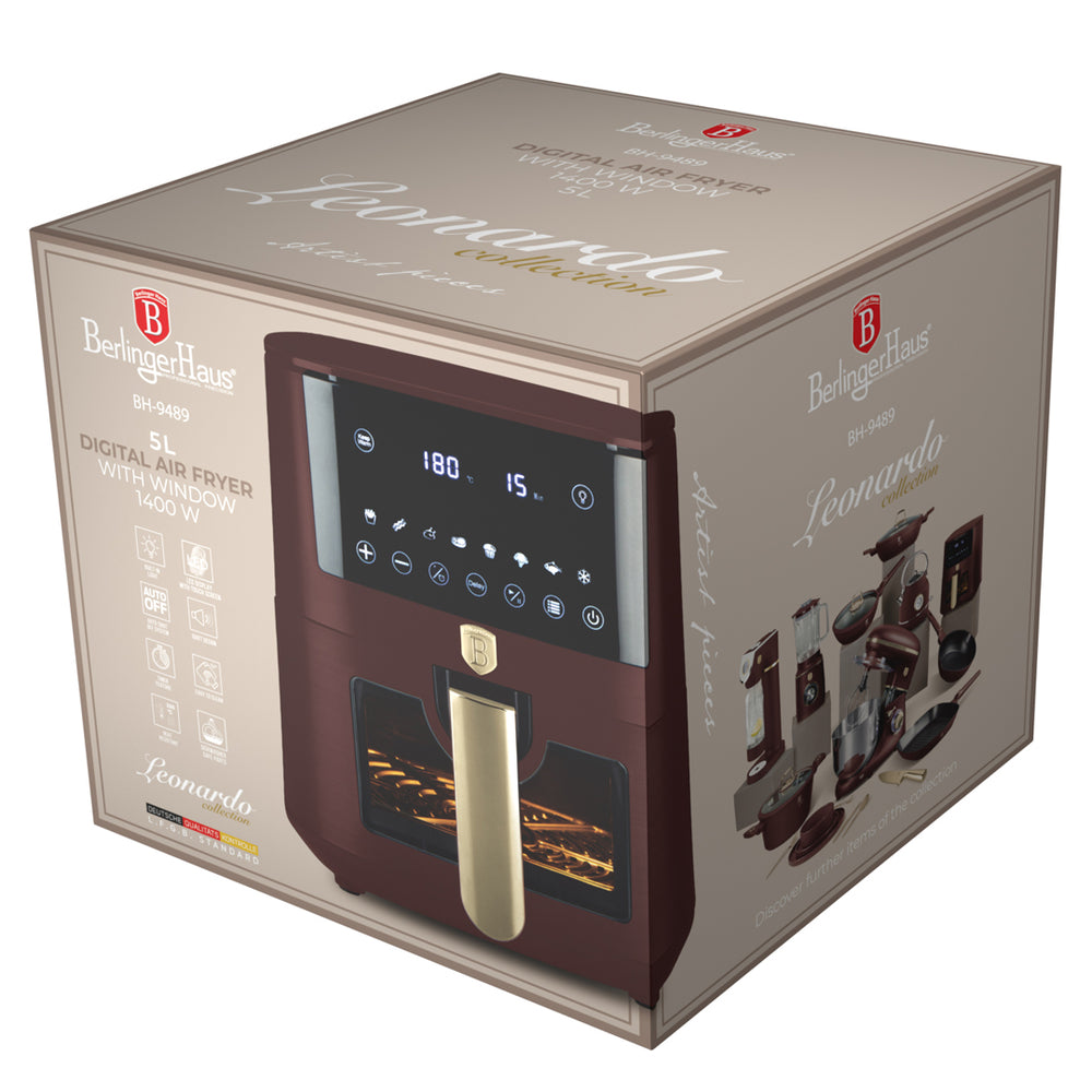Berlinger Haus Airfryer XL Mat Bordeaux - met Kijkvenster - 5 Liter - 1400W