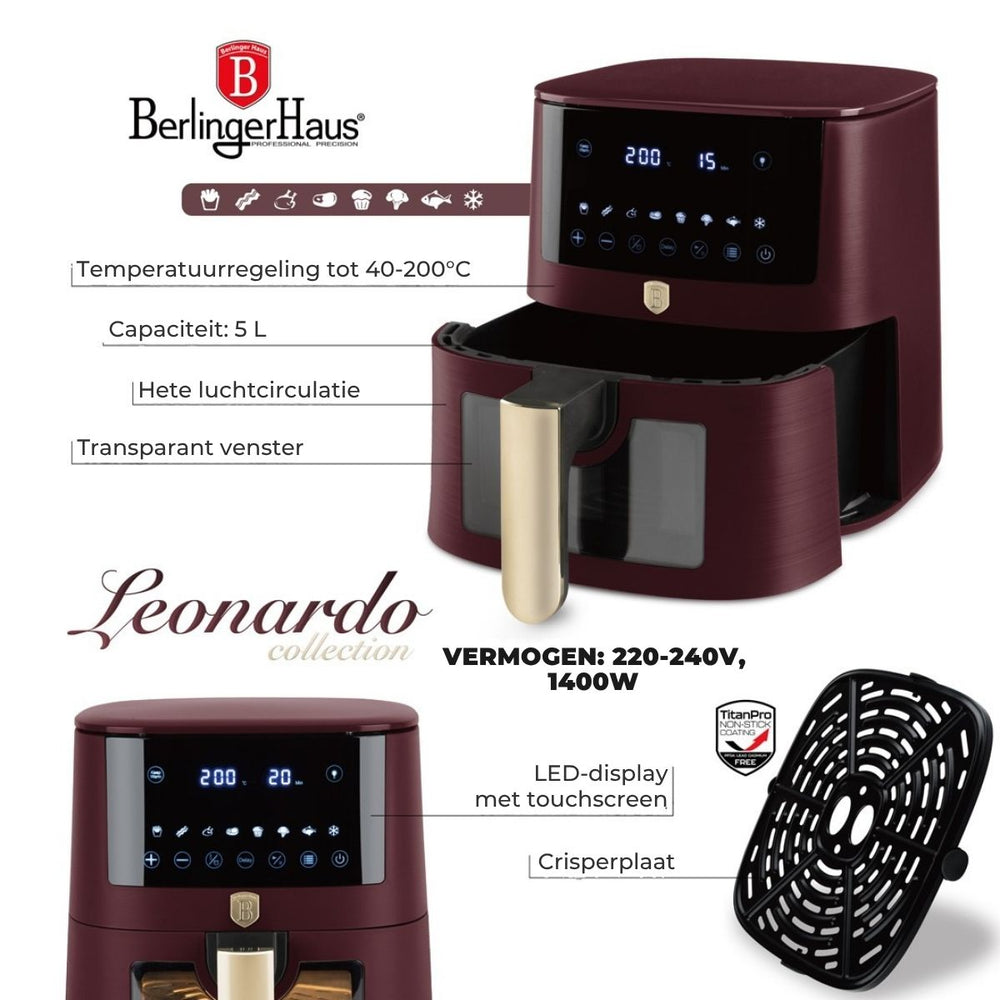 Berlinger Haus Airfryer XL Mat Bordeaux - met Kijkvenster - 5 Liter - 1400W