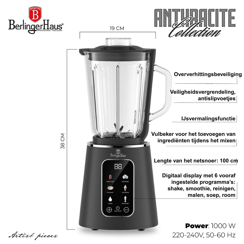 Berlinger Haus Blender Digitaal Mat Antraciet - Glazen Kan - 1.5 Liter - 1000W