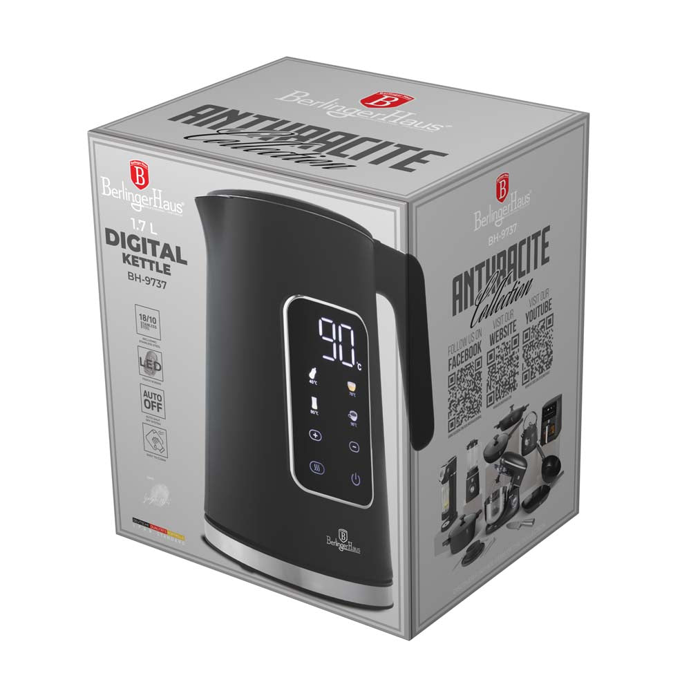 Berlinger Haus Waterkoker Digitaal Mat Antraciet - Temperatuurinstelling - 1.7 Liter - 2200W