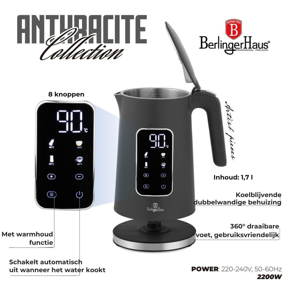 Berlinger Haus Waterkoker Digitaal Mat Antraciet - Temperatuurinstelling - 1.7 Liter - 2200W