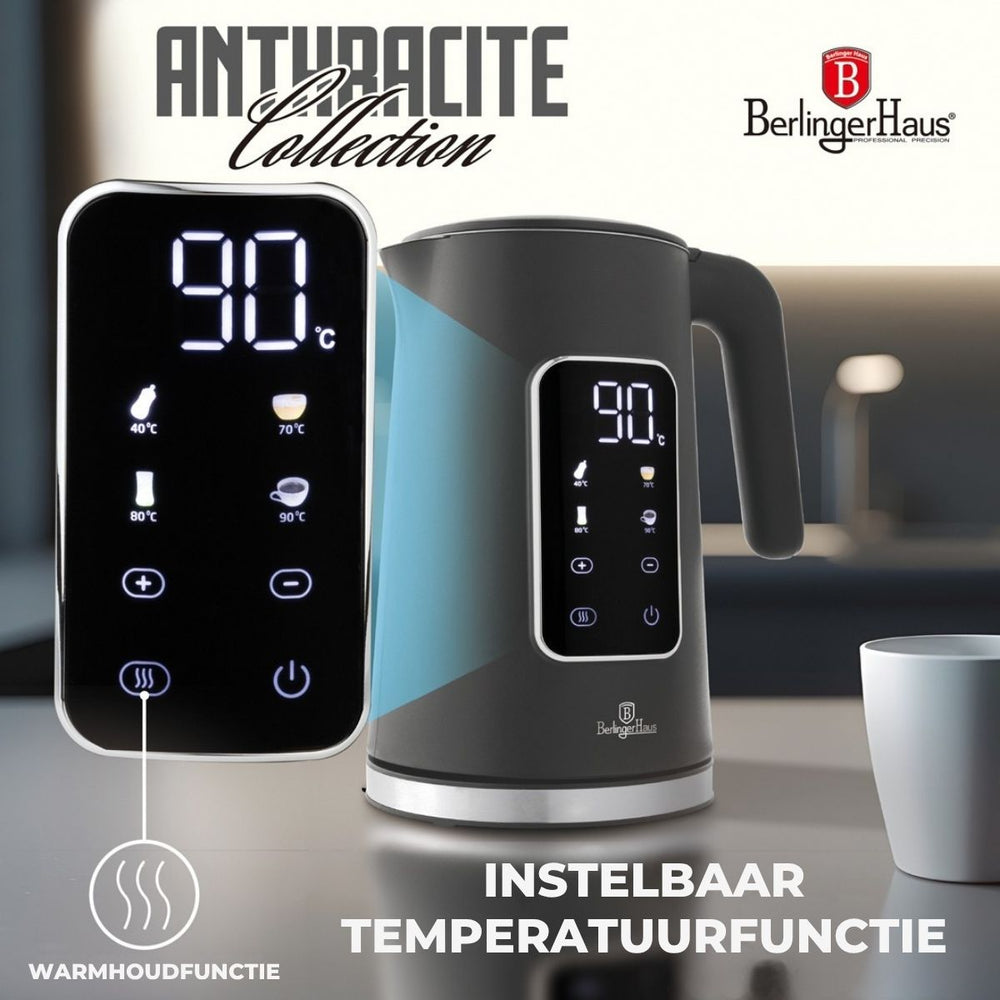 Berlinger Haus Waterkoker Digitaal Mat Antraciet - Temperatuurinstelling - 1.7 Liter - 2200W