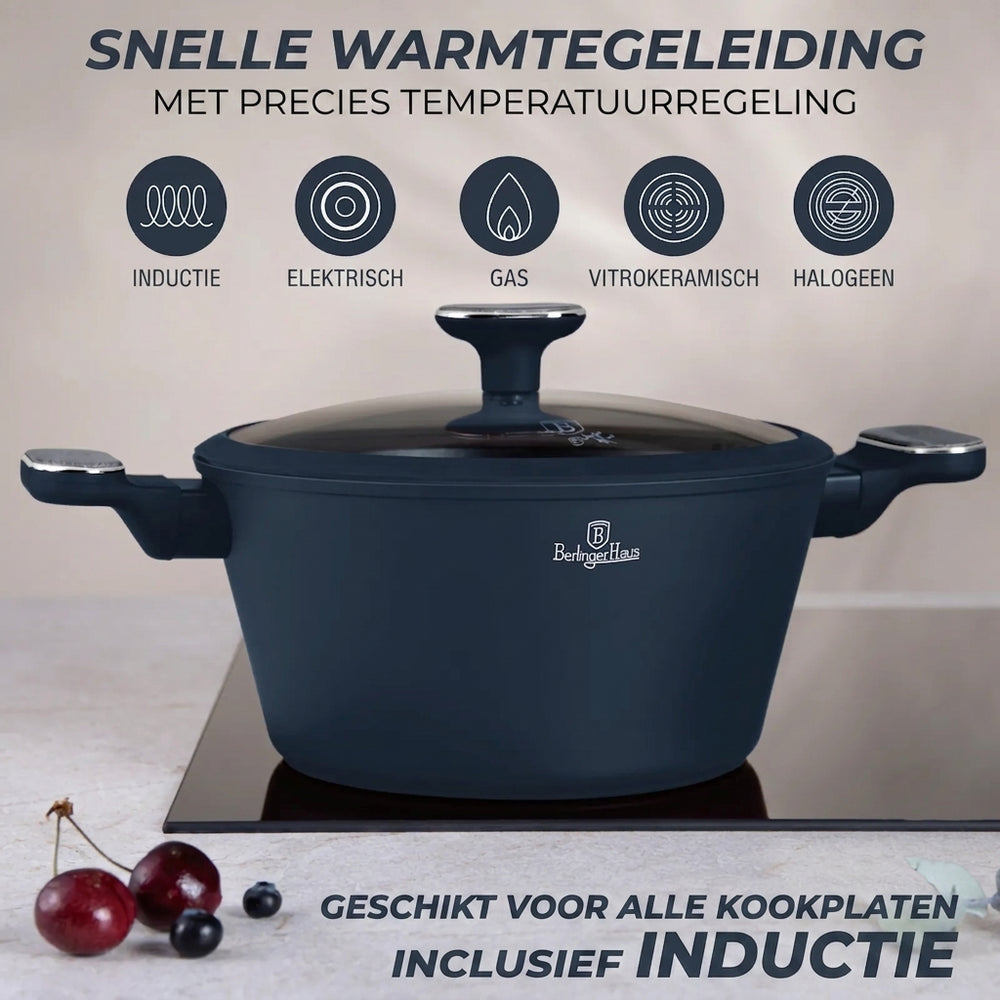 Berlinger Haus Pannenset Mat Blauw 11-Delig - Kookpan ø 20, 24, 28 cm, Koekenpan ø 24, 28 cm & Steelpan ø 16 cm - Geschikt voor alle warmtebronnen