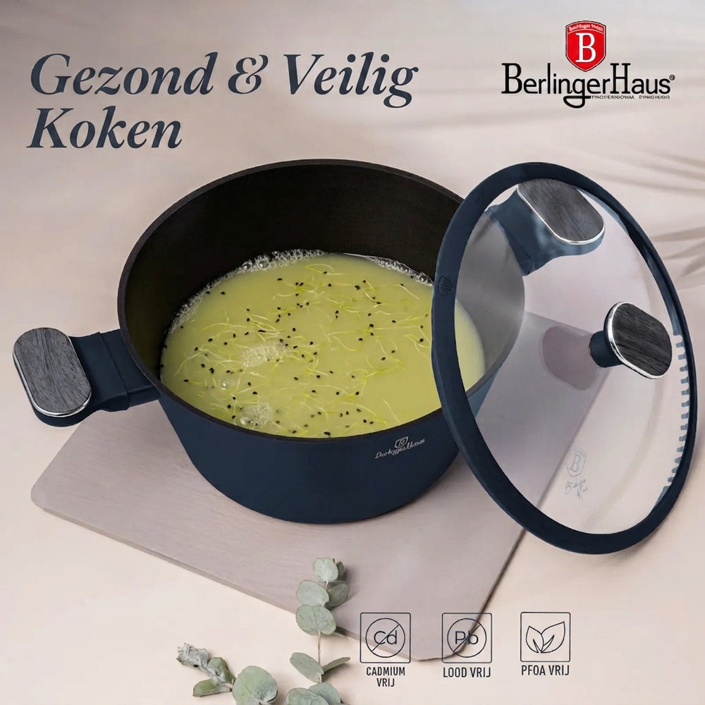 Berlinger Haus Pannenset Mat Blauw 11-Delig - Kookpan ø 20, 24, 28 cm, Koekenpan ø 24, 28 cm & Steelpan ø 16 cm - Geschikt voor alle warmtebronnen