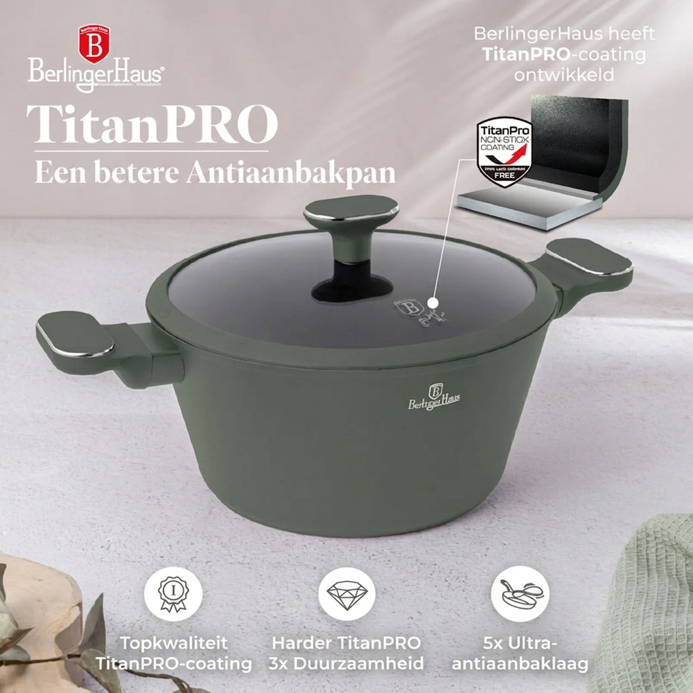 Berlinger Haus Pannenset Mat Groen 11-Delig - Kookpan ø 20, 24, 28 cm, Koekenpan ø 24, 28 cm & Steelpan ø 16 cm - Geschikt voor alle warmtebronnen
