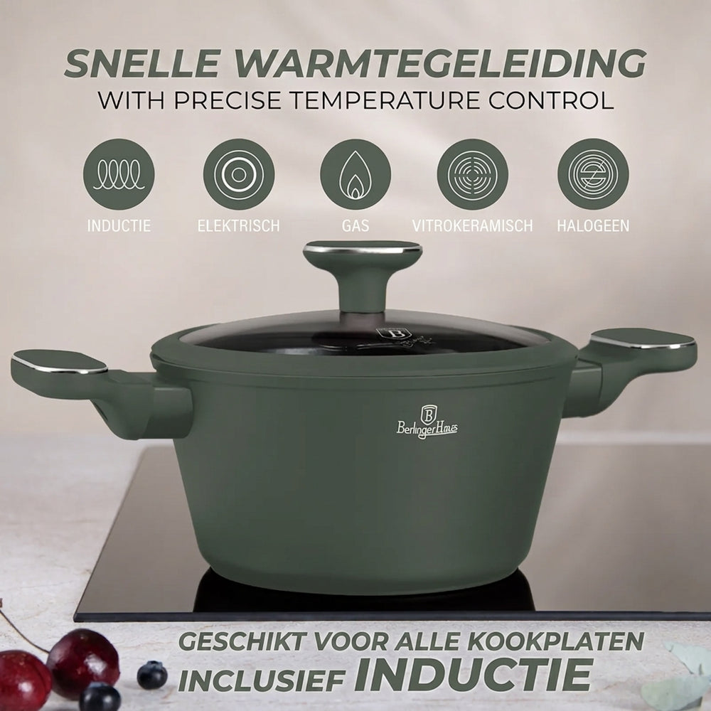 Berlinger Haus Pannenset Mat Groen 11-Delig - Kookpan ø 20, 24, 28 cm, Koekenpan ø 24, 28 cm & Steelpan ø 16 cm - Geschikt voor alle warmtebronnen