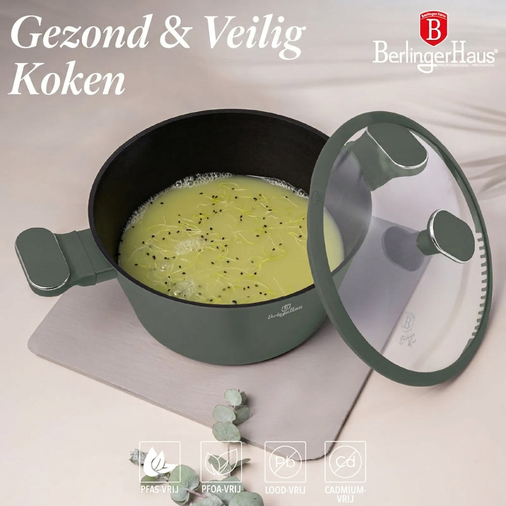 Berlinger Haus Pannenset Mat Groen 11-Delig - Kookpan ø 20, 24, 28 cm, Koekenpan ø 24, 28 cm & Steelpan ø 16 cm - Geschikt voor alle warmtebronnen