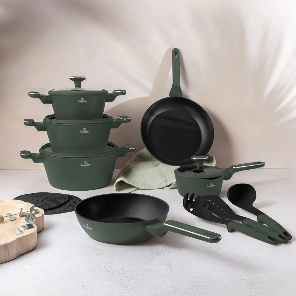 Berlinger Haus Pannenset Mat Groen 11-Delig - Kookpan ø 20, 24, 28 cm, Koekenpan ø 24, 28 cm & Steelpan ø 16 cm - Geschikt voor alle warmtebronnen