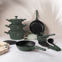 Berlinger Haus Pannenset Mat Groen 11-Delig - Kookpan ø 20, 24, 28 cm, Koekenpan ø 24, 28 cm & Steelpan ø 16 cm - Geschikt voor alle warmtebronnen