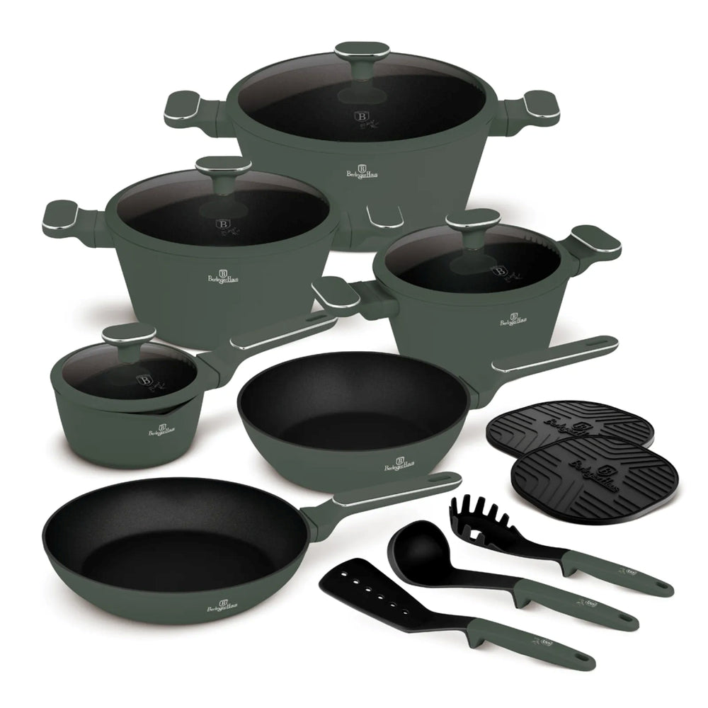 Berlinger Haus Pannenset Mat Groen 11-Delig - Kookpan ø 20, 24, 28 cm, Koekenpan ø 24, 28 cm & Steelpan ø 16 cm - Geschikt voor alle warmtebronnen
