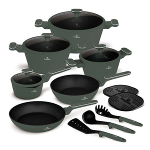 Berlinger Haus Pannenset Mat Groen 11-Delig - Kookpan ø 20, 24, 28 cm, Koekenpan ø 24, 28 cm & Steelpan ø 16 cm - Geschikt voor alle warmtebronnen