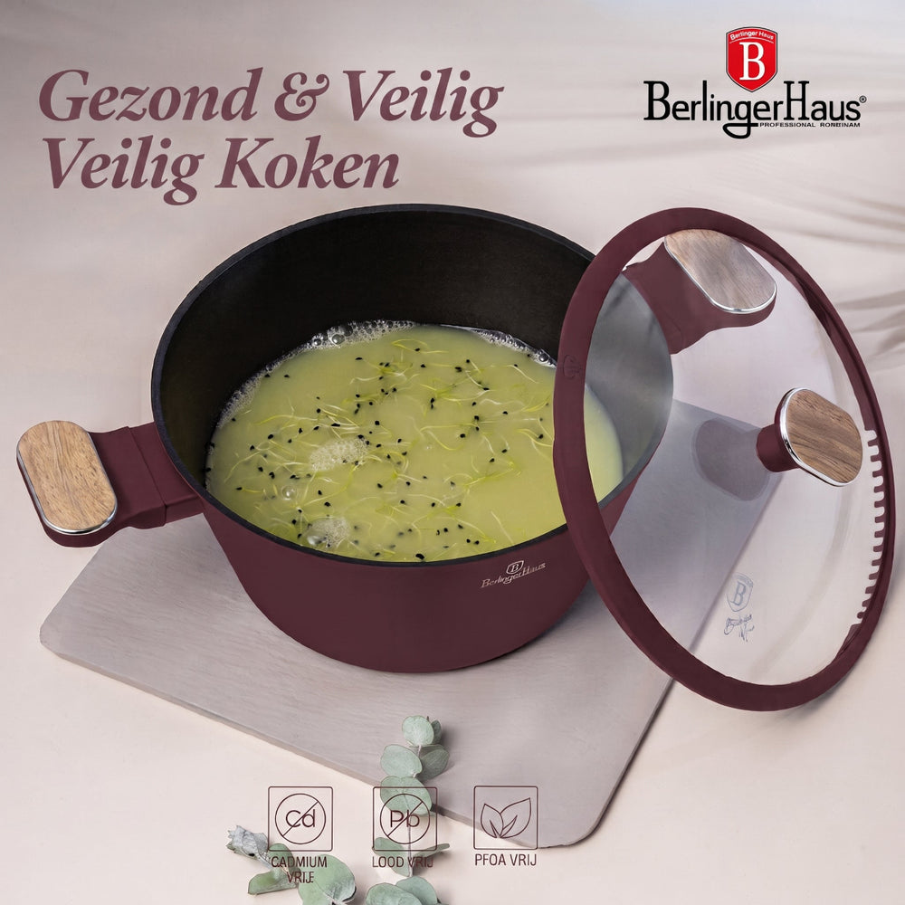 Berlinger Haus Pannenset Nordic Mat Bordeaux 11-Delig - Kookpan ø 20, 24, 28 cm, Koekenpan ø 24, 28 cm & Steelpan ø 16 cm - Geschikt voor alle warmtebronnen