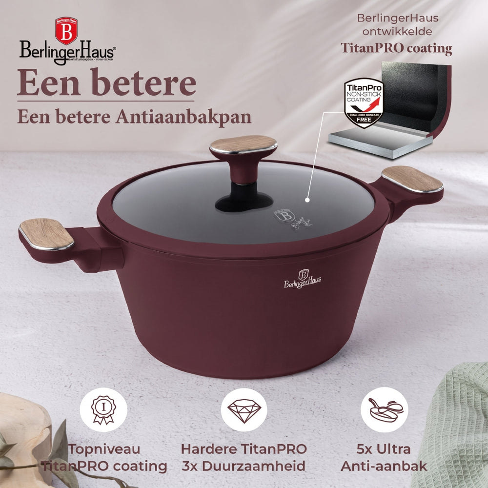 Berlinger Haus Pannenset Nordic Mat Bordeaux 11-Delig - Kookpan ø 20, 24, 28 cm, Koekenpan ø 24, 28 cm & Steelpan ø 16 cm - Geschikt voor alle warmtebronnen