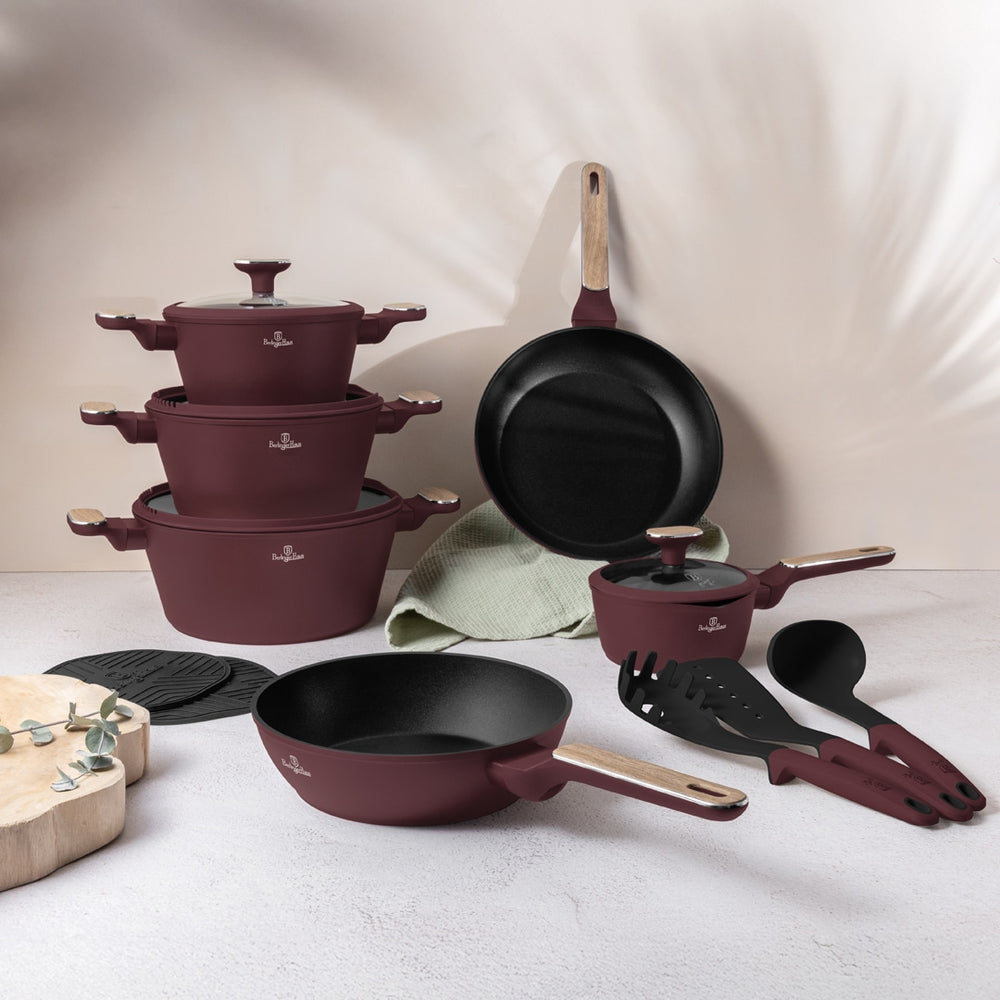 Berlinger Haus Pannenset Nordic Mat Bordeaux 11-Delig - Kookpan ø 20, 24, 28 cm, Koekenpan ø 24, 28 cm & Steelpan ø 16 cm - Geschikt voor alle warmtebronnen