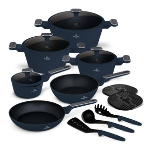 Berlinger Haus Pannenset Mat Blauw 11-Delig - Kookpan ø 20, 24, 28 cm, Koekenpan ø 24, 28 cm & Steelpan ø 16 cm - Geschikt voor alle warmtebronnen