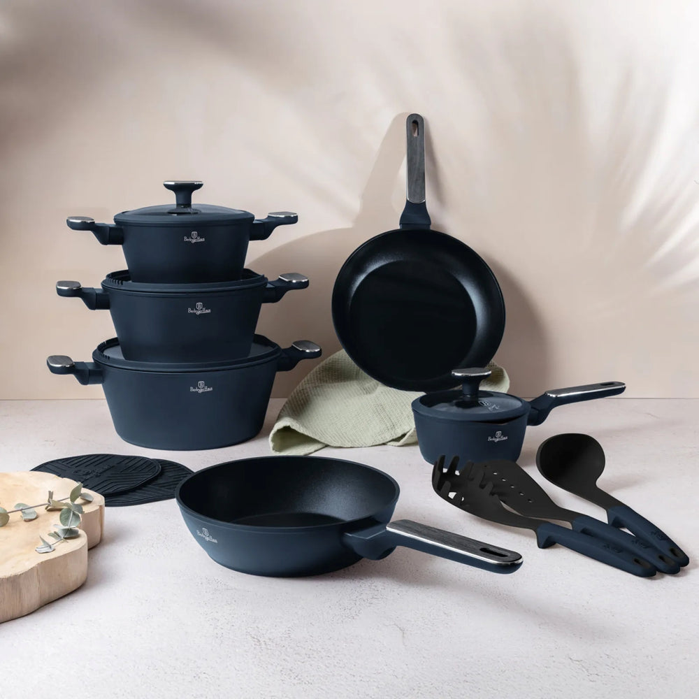 Berlinger Haus Pannenset Mat Blauw 11-Delig - Kookpan ø 20, 24, 28 cm, Koekenpan ø 24, 28 cm & Steelpan ø 16 cm - Geschikt voor alle warmtebronnen