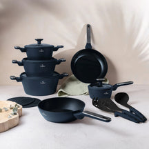 Berlinger Haus Pannenset Mat Blauw 11-Delig - Kookpan ø 20, 24, 28 cm, Koekenpan ø 24, 28 cm & Steelpan ø 16 cm - Geschikt voor alle warmtebronnen