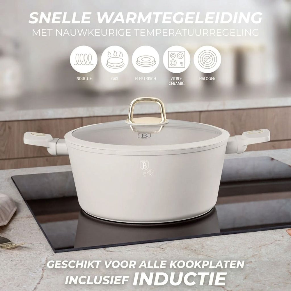 Berlinger Haus Pannenset Mat Crème 11-Delig - Kookpan ø 20, 24, 28 cm, Koekenpan ø 24, 28 cm & Steelpan ø 16 cm - Geschikt voor alle warmtebronnen