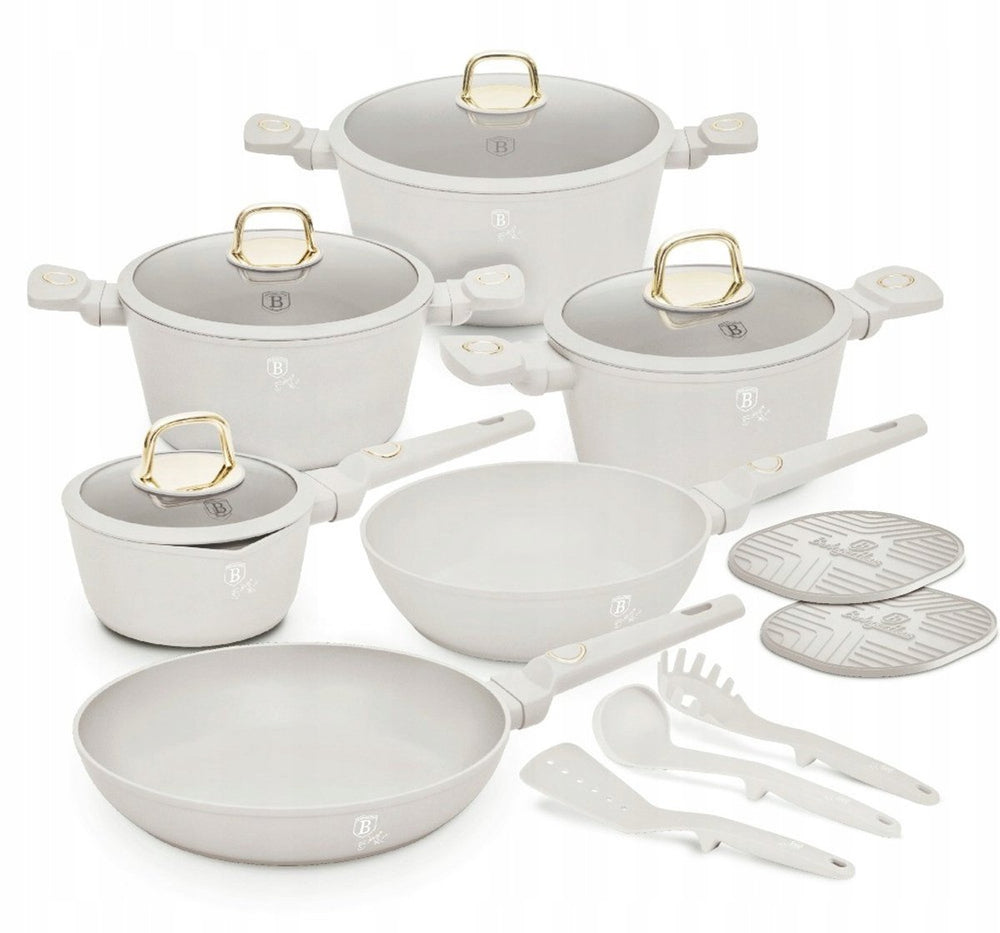 Berlinger Haus Pannenset Mat Crème 11-Delig - Kookpan ø 20, 24, 28 cm, Koekenpan ø 24, 28 cm & Steelpan ø 16 cm - Geschikt voor alle warmtebronnen