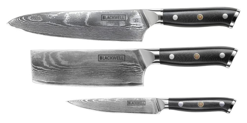 Blackwell Messenset (Koksmes + Groentemes + Officemes) - Japanse stijl - 67 lagen damaststaal - VG10 - 3-delig