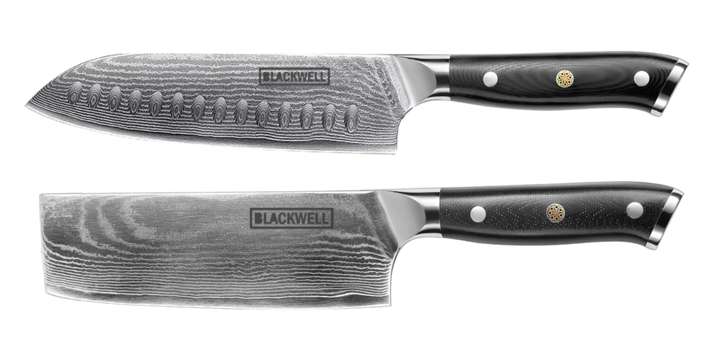 Blackwell Messenset (Santokumes + Groentemes / Nakirimes) - Japanse stijl - 67 lagen damaststaal - VG10 - 2-delig